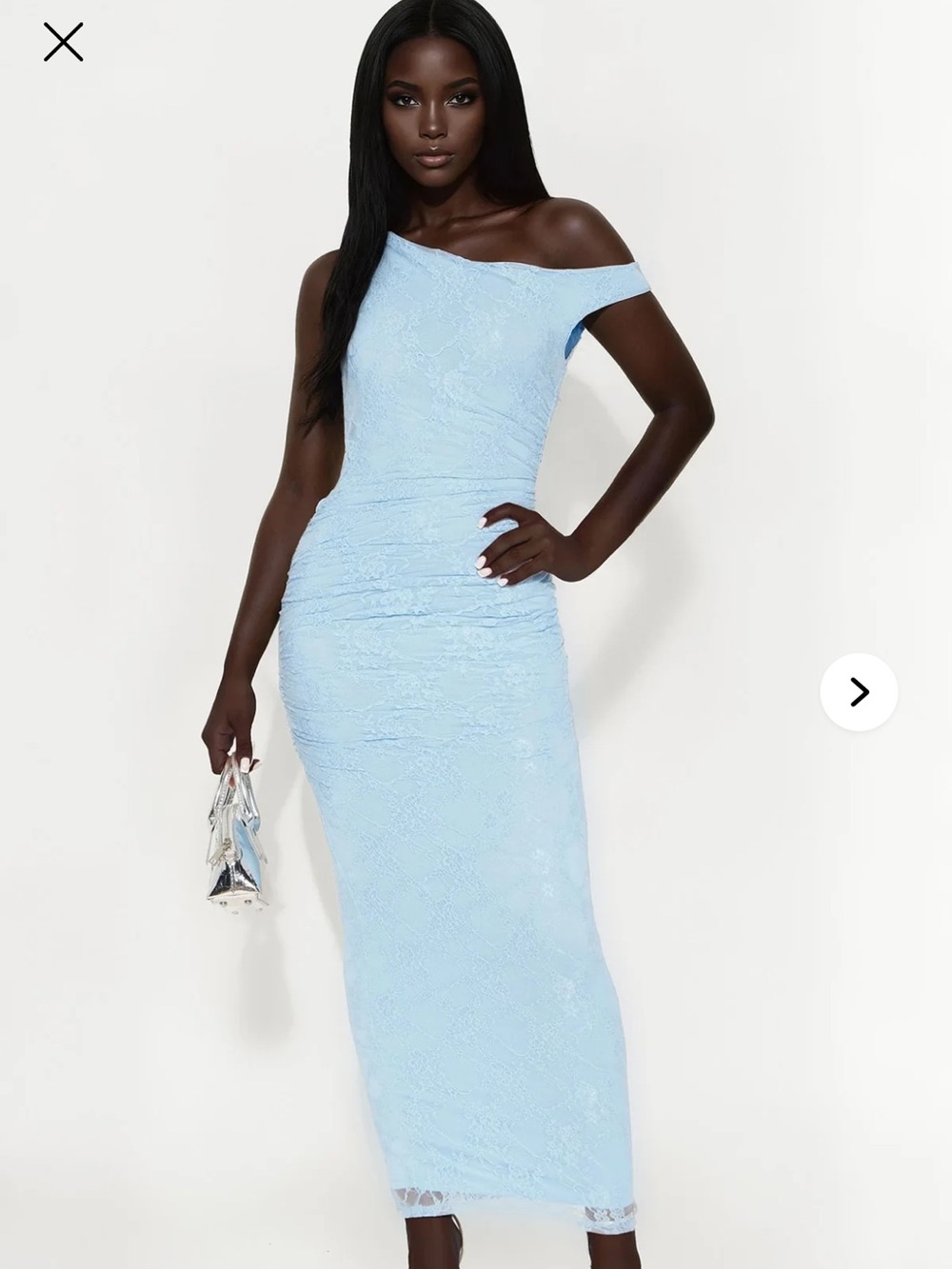 Fashion Nova Powder Blue One-Shoulder Lace Midi Dress
